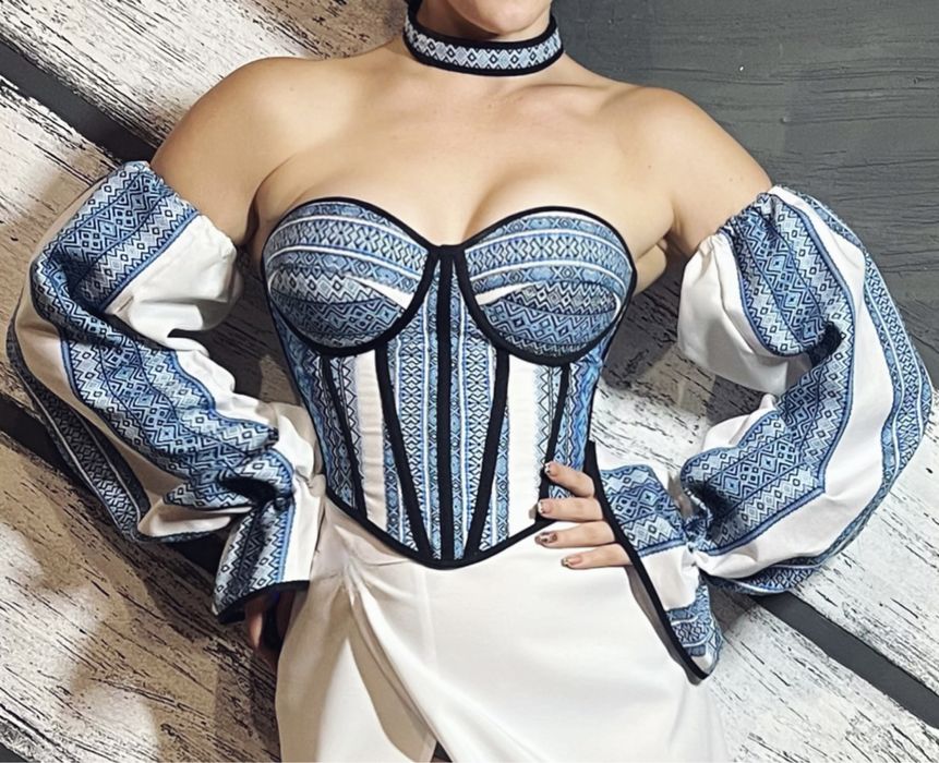 Корсет вишиванка, етнокорсет, корсетний топ з рукавами та чокером