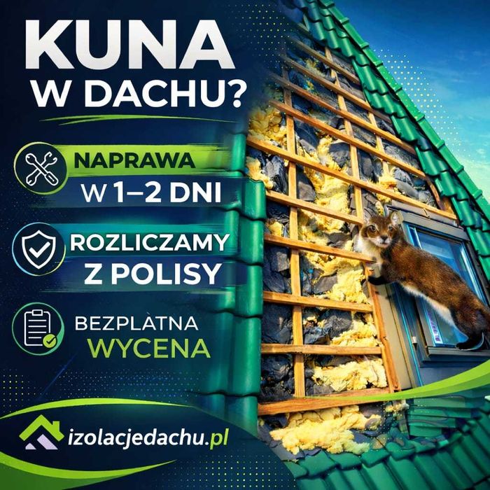 Naprawy dachów po kunach / kuna na dachu /  Izolacje pianą i celulozą