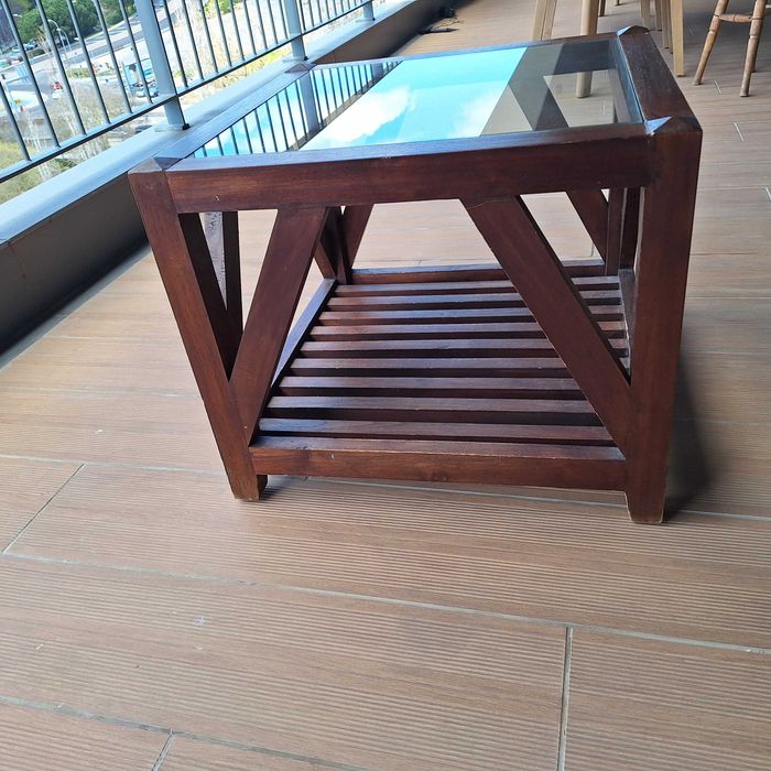 Mesa de Centro em Madeira com Vidro | Mesa de Apoio para Sala