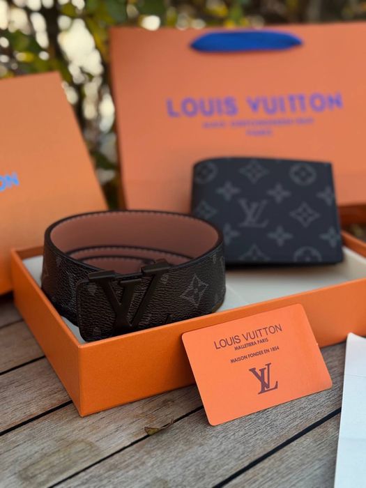 Набор Louis Vuitton мужской черный подарочный набор Лв Луи Витон | Ремінь Луї Вітон чорний чоловічий 105 см шкіряний пояс Louis Vuitton гаманець ЛВ