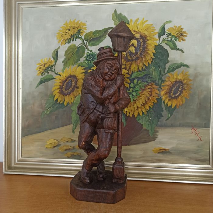 #173 Rzeźba drewniana „Śpiący Latarnik” – ręcznie rzeźbiona, Hiszpania, 51 cm