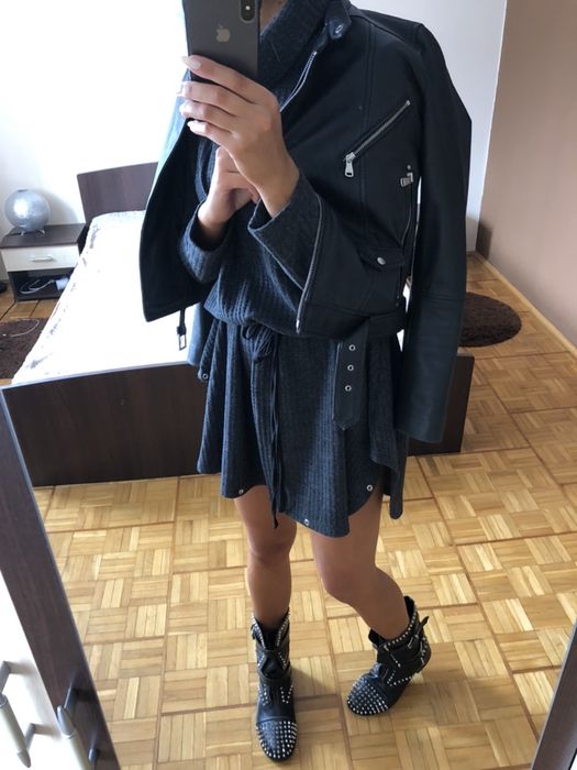 Zara skóra naturalna biker sprzączka kurtka ramoneska pasek