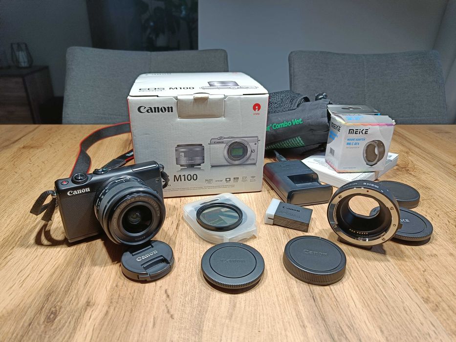 Canon M100 + obiektyw 15-45mm + adapter Meike + filtr Bogaty Zestaw