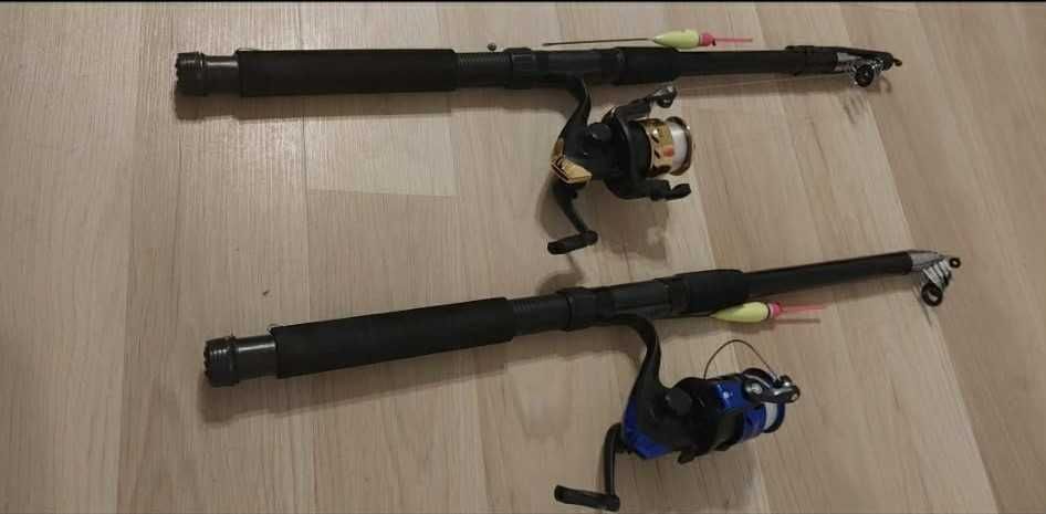 2 wędki uzbrojone z kołowrotkami, gotowe do łowienia. W zestawie spławiki, haczyki i ciężarki. Idealne na start lub szybki wypad nad wodę