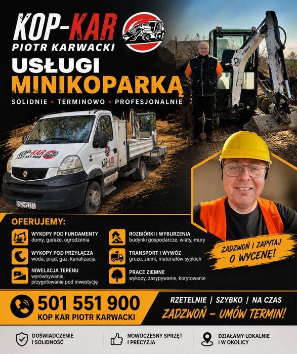 Usługi minikoparką. minikoparka wywrotka Prace ziemne. Odwodnienia
