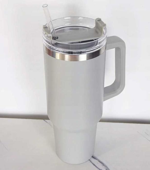 Kubek do picia z ergonomicznym uchwytem, ze słomką, duży, 1,2l, szary