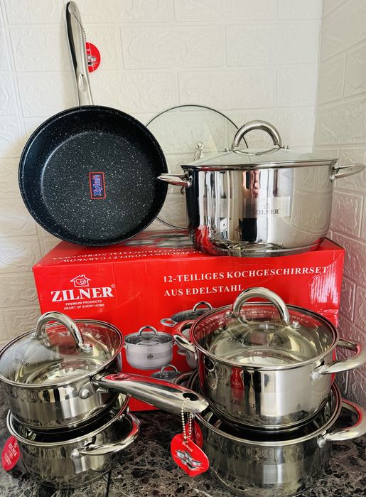 Duży zestaw garnków z patelnią. 12el. Grube dno. Gaz. Indukcja