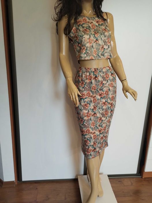 Komplet damski M crop top + spódnica midi kwiaty elastyczny letni boho