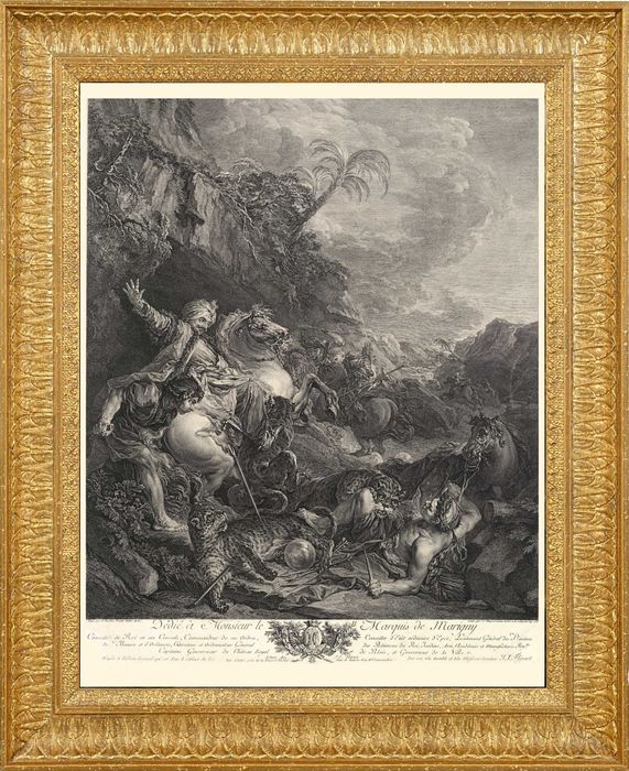 XVIII wieczny miedzioryt z scenką batalistyczną, wymiar 76cm x 93cm