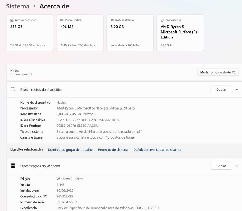 Microsoft Surface Laptop 4 AMD Ryzen5 2.20GHz 8GB 256GB SSD 13.3 touch