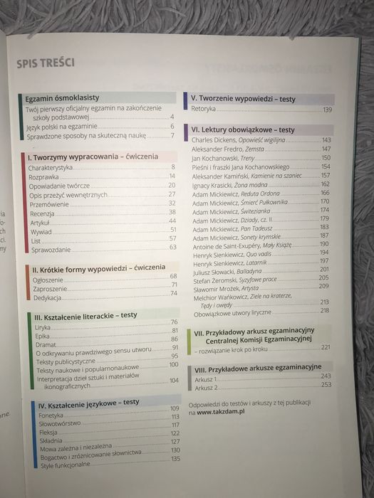 Repetytorium z j.polskiego oraz arkusze egzaminacyjne z matematyki.