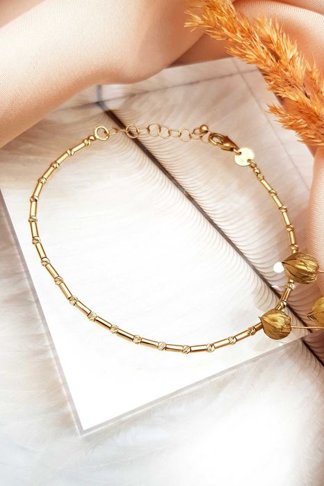 Złota bransoletka pręciki i diamentowane kulki 18,5 cm pr. 585