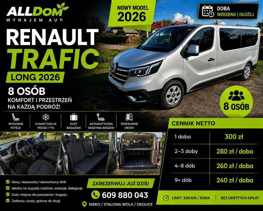 Wynajem auta | NOWY RENAULT TRAFIC long 2026 – 8 osób!