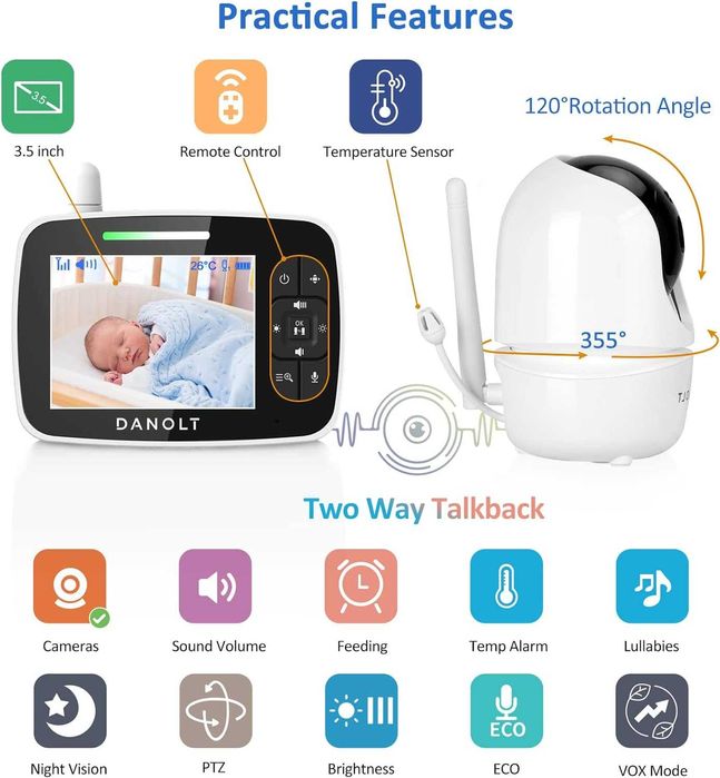 Elektroniczna niania z kamerą i uchwytem, 3,5 cala, 720p, Danolt spm6