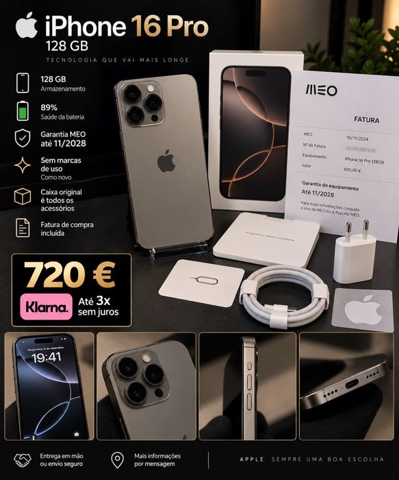 iPhone 16 pro 128gb - c/ garantia (pagamento 3x Klarna)