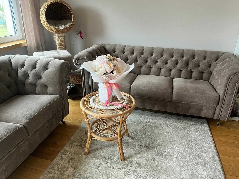 Komplet wypoczynkowy Chesterfield, sofa trzyosobowa, sofa dwuosobowa z funkcja spania + 4 fotele