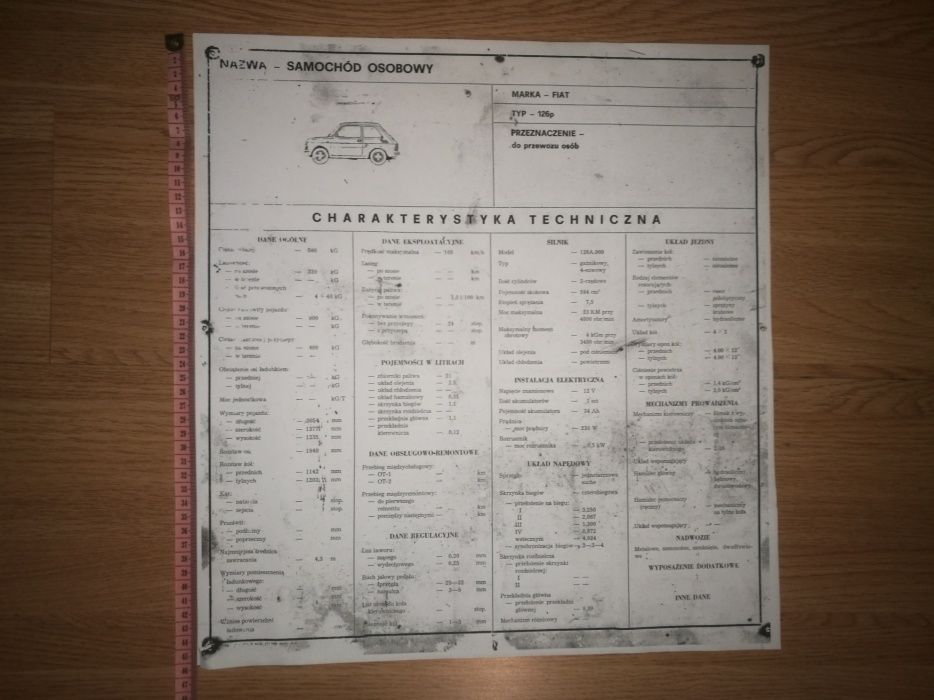 Kopia plakatu.Chakterystyka techniczna fiat 125p,Syrenka 105,Fiat 126p