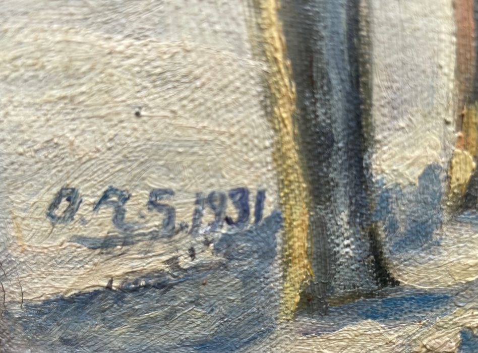 Obraz olejny na płótnie - zimowy pejzaż aleja drzew z 1931 r. sygnatura