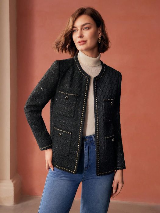 Kurtka Tweedowa Elegancka Cekinowa Czarna Premium Motf M 38