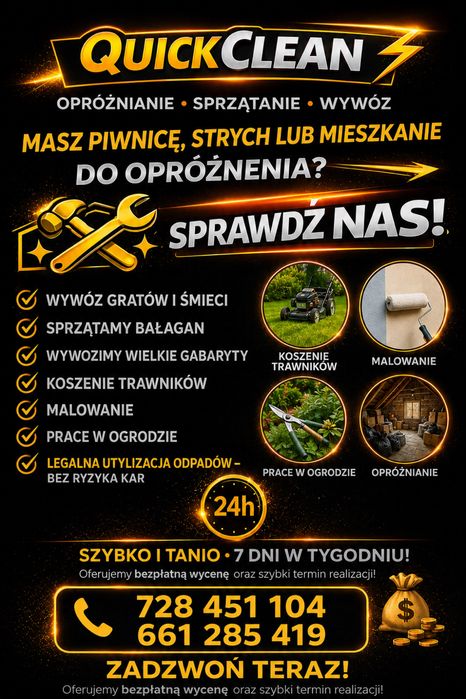 Opróżnianie mieszkań • Piwnic • Strychów | Wywóz gratów | Sprzątanie