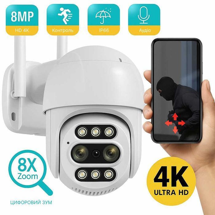 Гібридна IP WiFi камера відеонагляду icsee 8Мп з якісним зумом A20W