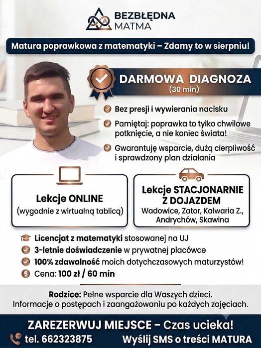Matematyka matura sierpień: poprawka zero stresu, 100% zdawalności. Zator dojazd