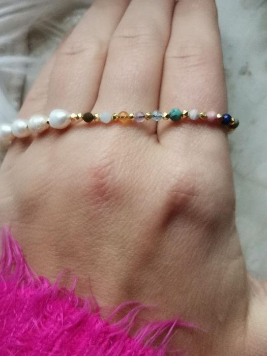 Bransoletka perły srebro kamienie misio nić jedwabna topaz  wodnik