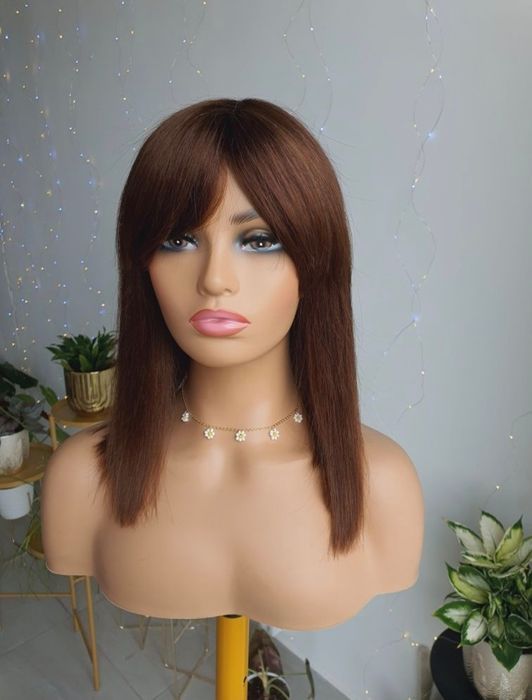 Peruka z włosw naturlanych brąz z grzywką 40 cm Beata