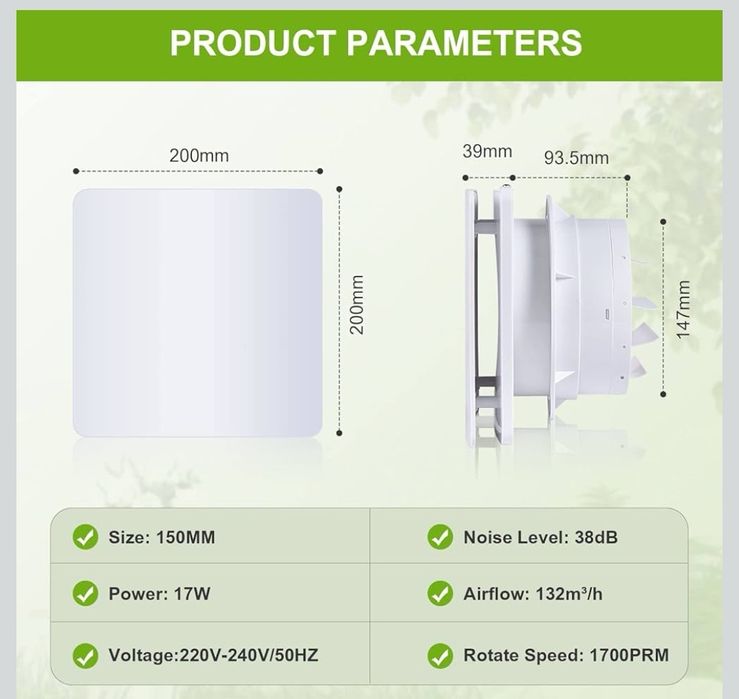 FanGoFast Wentylator łazienkowy, 150 mm, cichy, z klapą zwrotną,