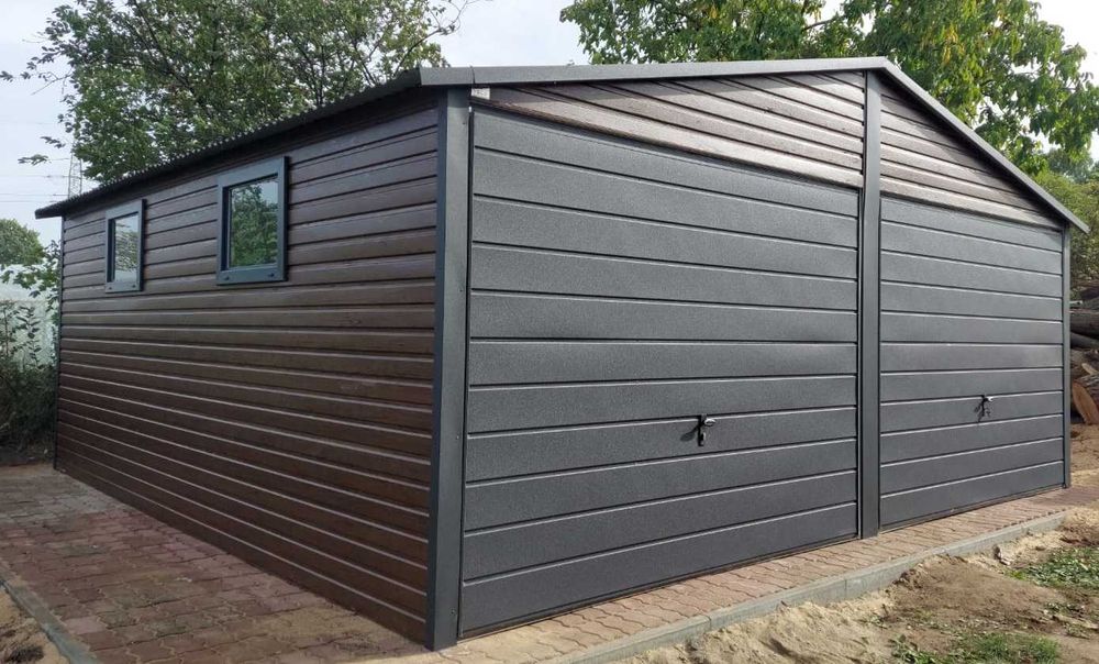 Garaż blaszany 6x5 Premium Garaz drewnopodobny grafit Garaże blaszane Premium 6x5 6x5.8 6x6 6x7 7x7 PRODUCENT