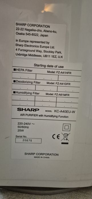 Oczyszczacz powietrza Sharp KC-A40EU-W Jonizacja Nawilżanie powietrza