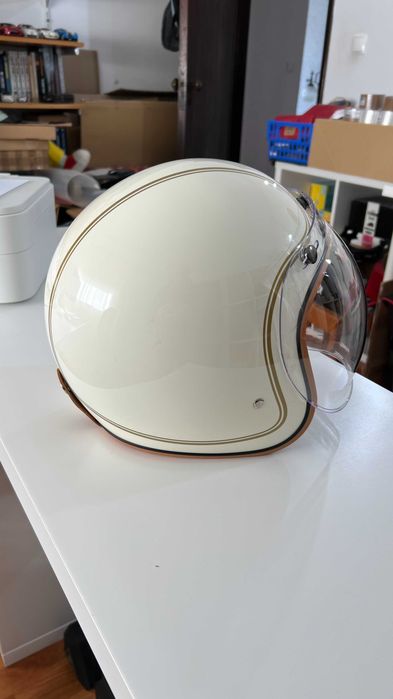 Capacete open-face, branco, tamanho L, viseira bolha transparente