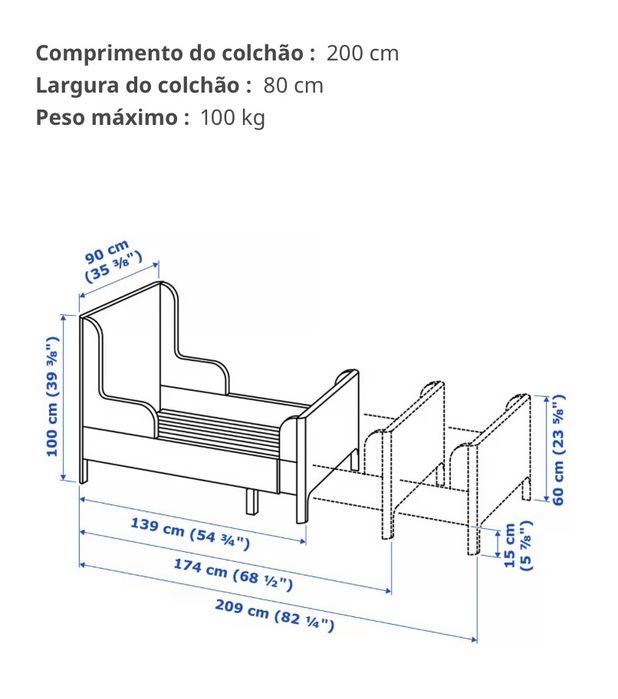 Cama BUSUNGE extensível, rosa claro, 80x200 cm