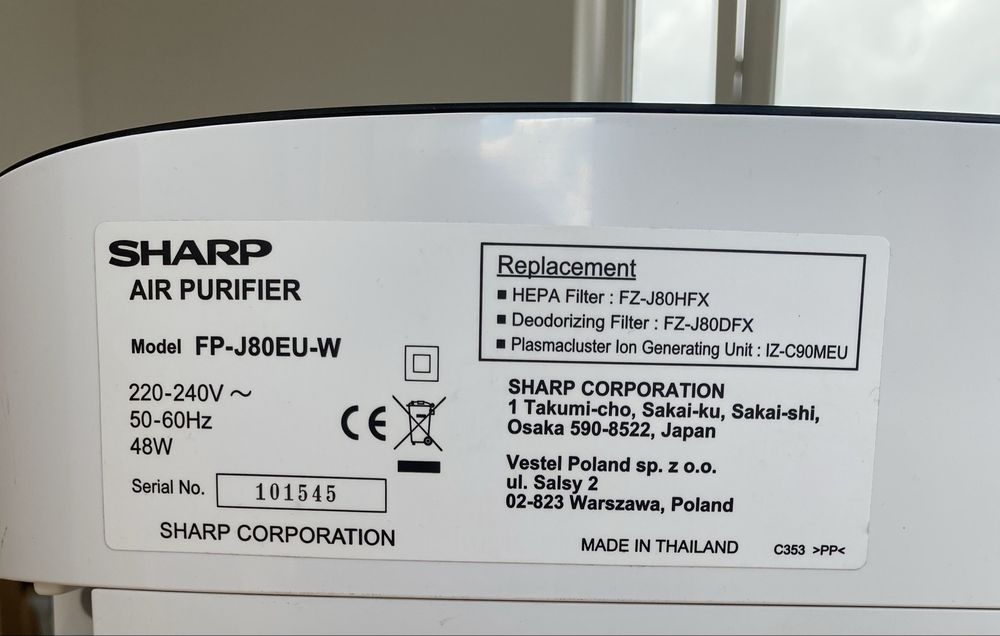Oczyszczacz powietrza Sharp FP-J80EU z systemem Plasmacluster Ion