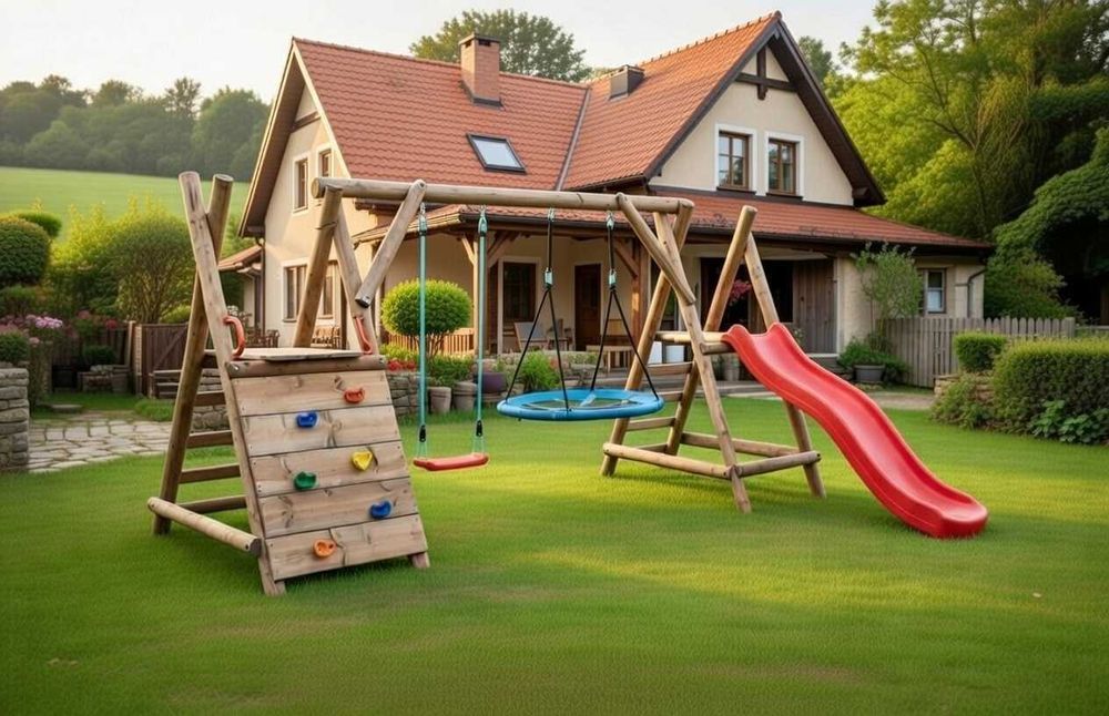 Drewniany Plac Zabaw do Ogrodu OLAF 2Huśtawki Ślizg Ścianka PRODUDENT