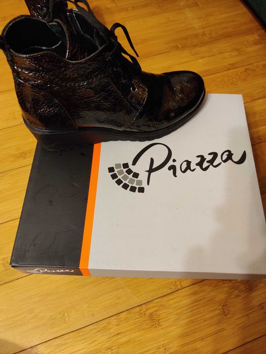 Buty Piazza, Czarne z niebieskim, wiązane, zapinane suwak, skóra, r 40