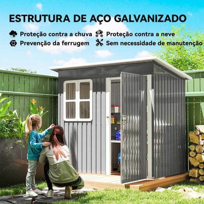 Abrigo de Jardim Metálico – 221x133x190 cm | Com Janela e Fechadura