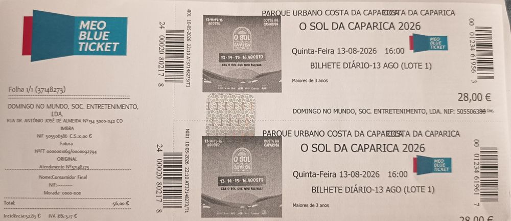 Bilhetes sol da caparica- 13 agosto