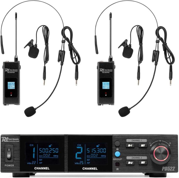 Microfones de Cabeça Sem Fios Power Dynamics PD522 UHF | Duplo Profissional