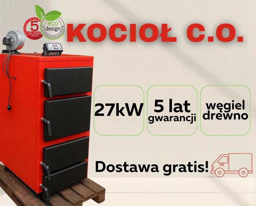 Kotły Kocioł 27kW na Drewno Węgiel - PRODUCENT Piec Zasypowy do 300m