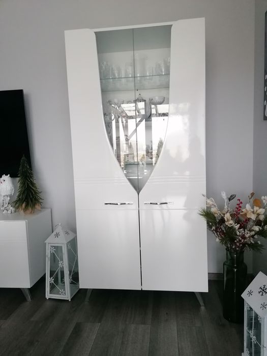 Komplet szafka RTV witryna komoda wysoka biały połysk