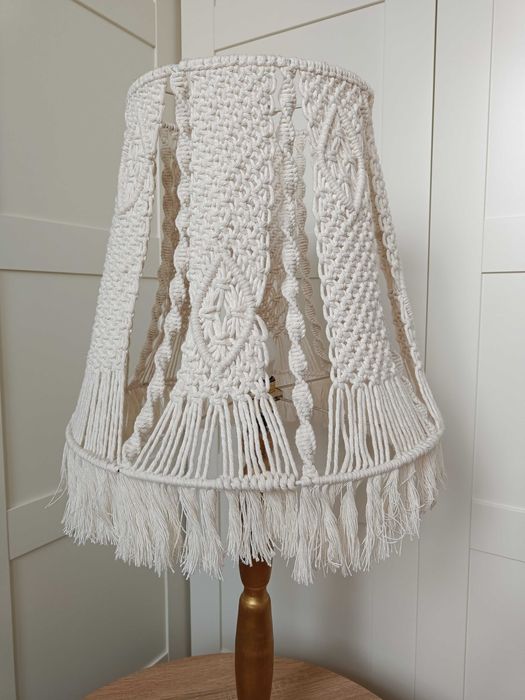 LAMPA stojąca nocna / Abażur z makramy kremowy / Wys. 80cm