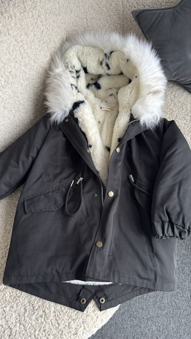 Дитяча чорна зимова парка з штучним хутром, вітрозахисна з капюшоном