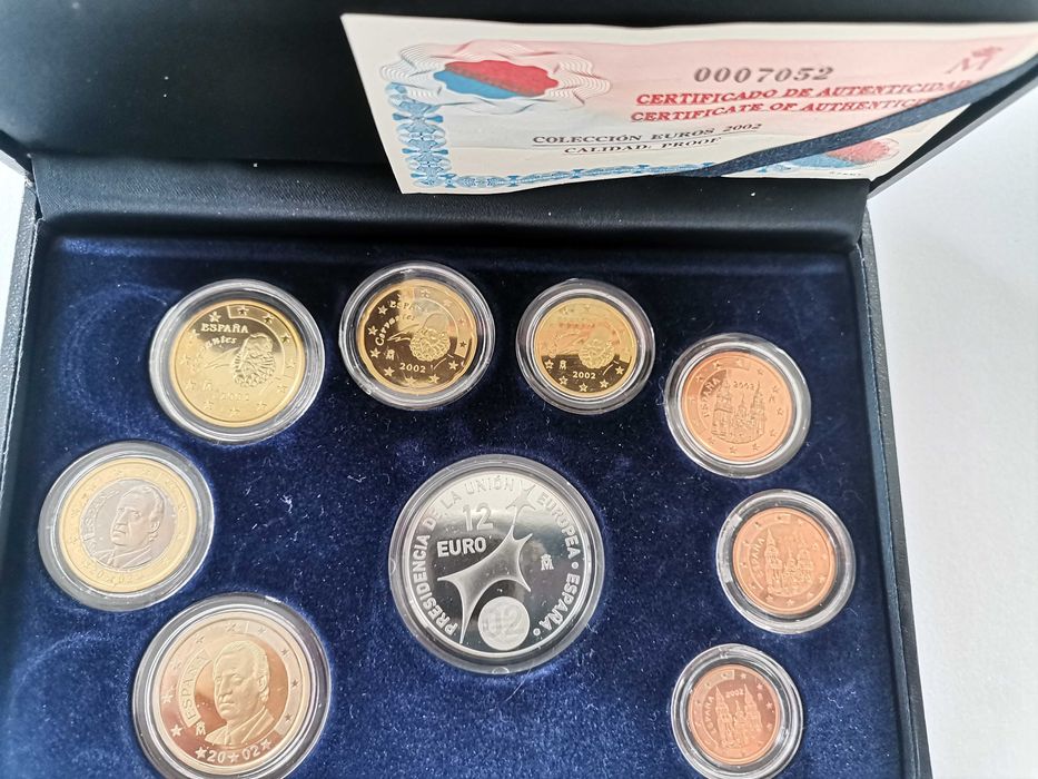 Set Conjunto Euro - Espanha 2002 Proof - 1ct até 2 euro + prata