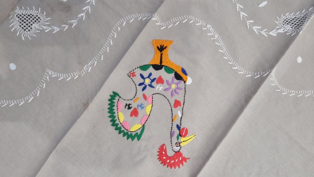 Toalha de mesa redonda bordada à mão com 6 guardanapos Galo de Barce