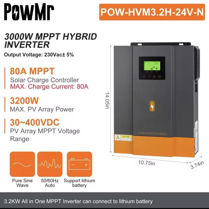 Продам комплект: інвертор POWMR 3.2kW + акумулятор 24V 100Ah (нові)