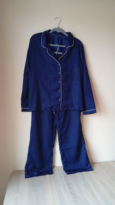 Granatowa elegancka satynowa piżama , spodnie i koszula, Tchibo, r.XL