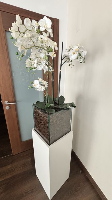 Floreira decorativa - Lacada branca, Vidro, Orquídeas