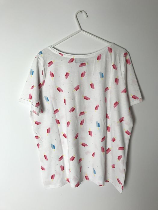 Biały luźny t-shirt, nadruk w lody bawełna