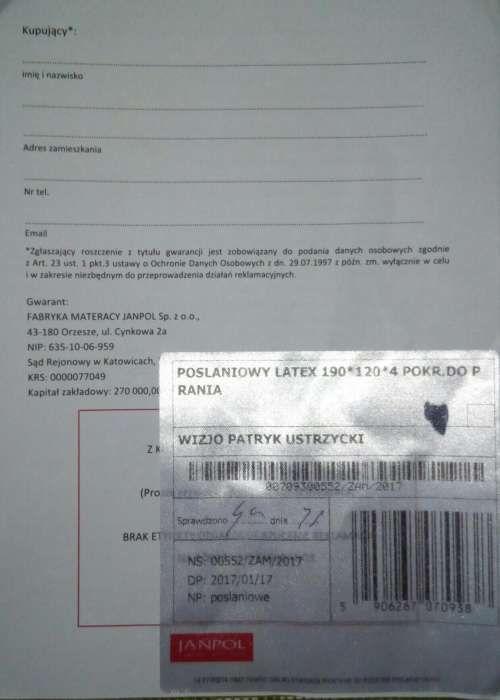 Materac posłaniowy Janpol 190x120cm